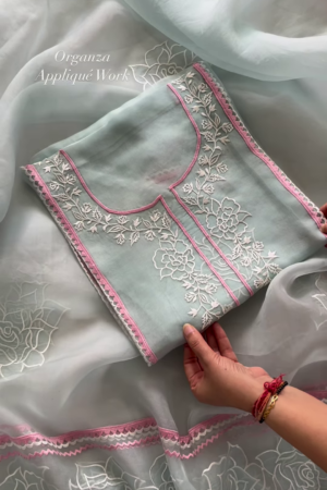 Sky Blue Organza Appliqué Work Unstitched Suit Set