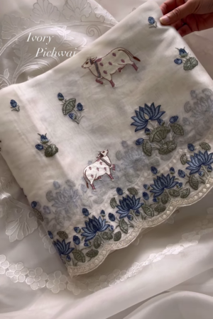 Ivory Pichwai Embroidered Linen Blend Fabric
