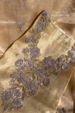 Champagne Tissue Silk Hand-Embroidered Fabric with Lilac and Gold Threadwork