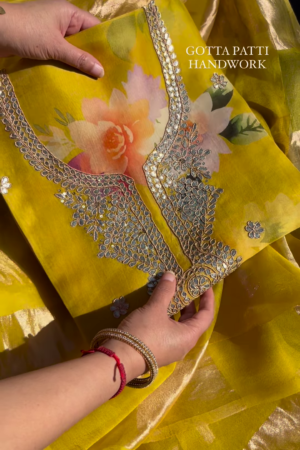 Sunshine Yellow Floral Print Organza Suit with Gotta Patti Handwork