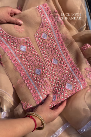 Fawn Lucknowi Chikankari and Mirror Work Unstitched Suit Set