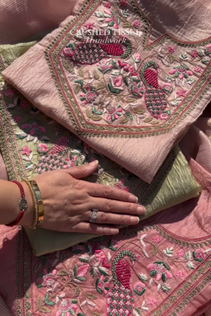 Dusty Rose Crushed Tissue Silk Embroidered Suit Set with Peacock Motifs