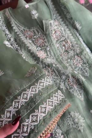 Sage Green Embroidered Organza Suit Set with Sequin Highlights