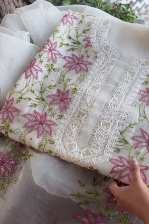 Ivory Chikankari Inspired Floral Embroidered Suit Set with Pink Accents