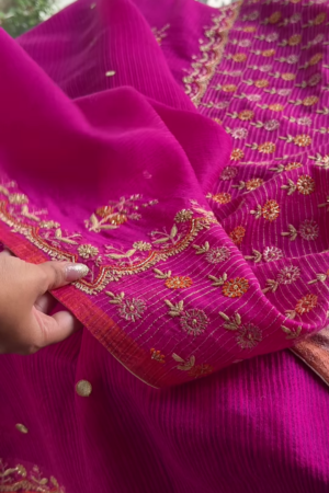 Rani Pink and Taupe Embroidered Patola Silk Blend Saree