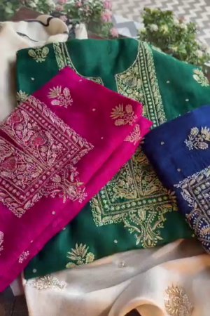 Emerald Green and Royal Blue Zari Embroidered Unstitched Suit Set