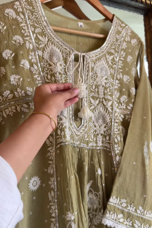 Olive Green Lucknowi Chikankari Unstitched Suit Set