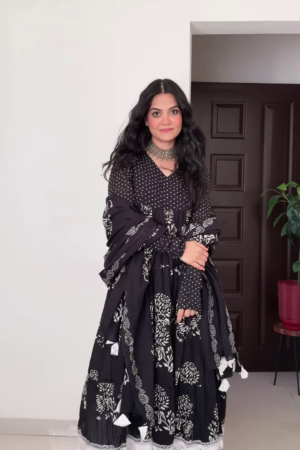 Black & White Hand-Block Printed Anarkali Suit – Timeless Elegance