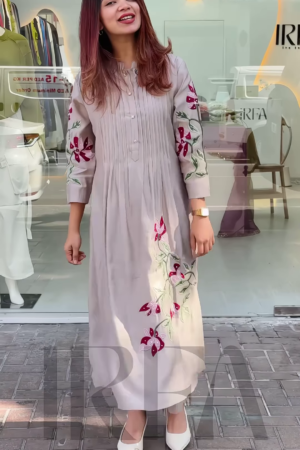 Elegant Grey Floral Embroidered Long Kurti