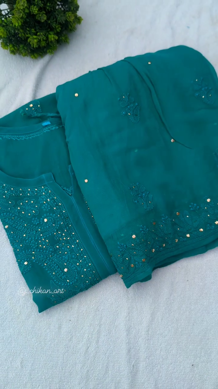 Teal Chikankari Kurti with Mirror Work – Festive Elegance