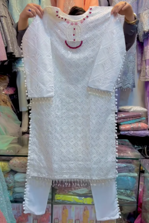 Elegant White Chikankari Kurta Set with Bead Embellishments