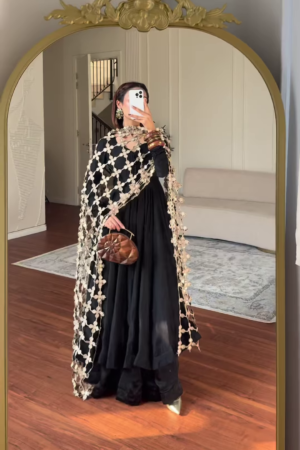 Ebony Elegance: Flared Anarkali with Statement Cutwork Dupatta
