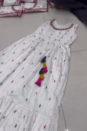 Elegant White Sleeveless Anarkali Gown with Embroidered Details