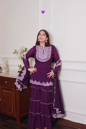 Royal Purple Embroidered Sharara Set – Timeless Elegance