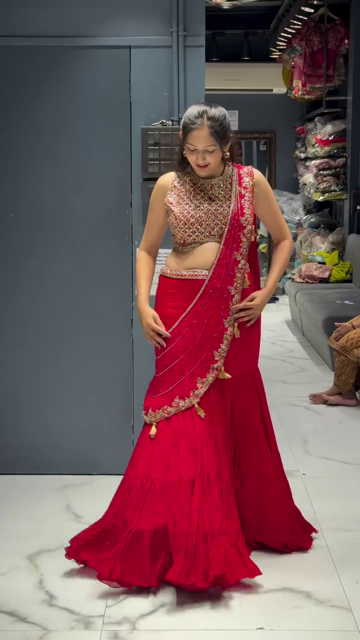 Crimson Red Embroidered Mermaid Lehenga Set - Image 3