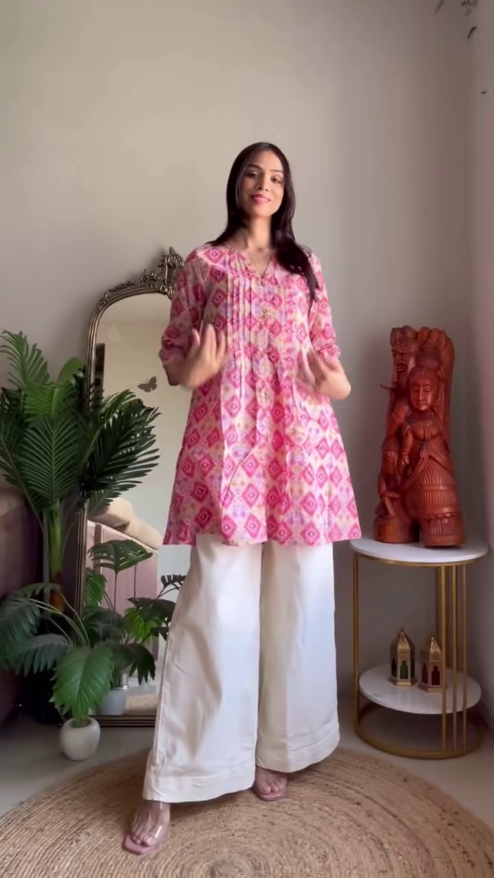 Pink Ikat Print Kurta with White Palazzo Pants