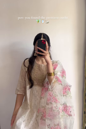 Ethereal White & Gold Anarkali with Floral Dupatta