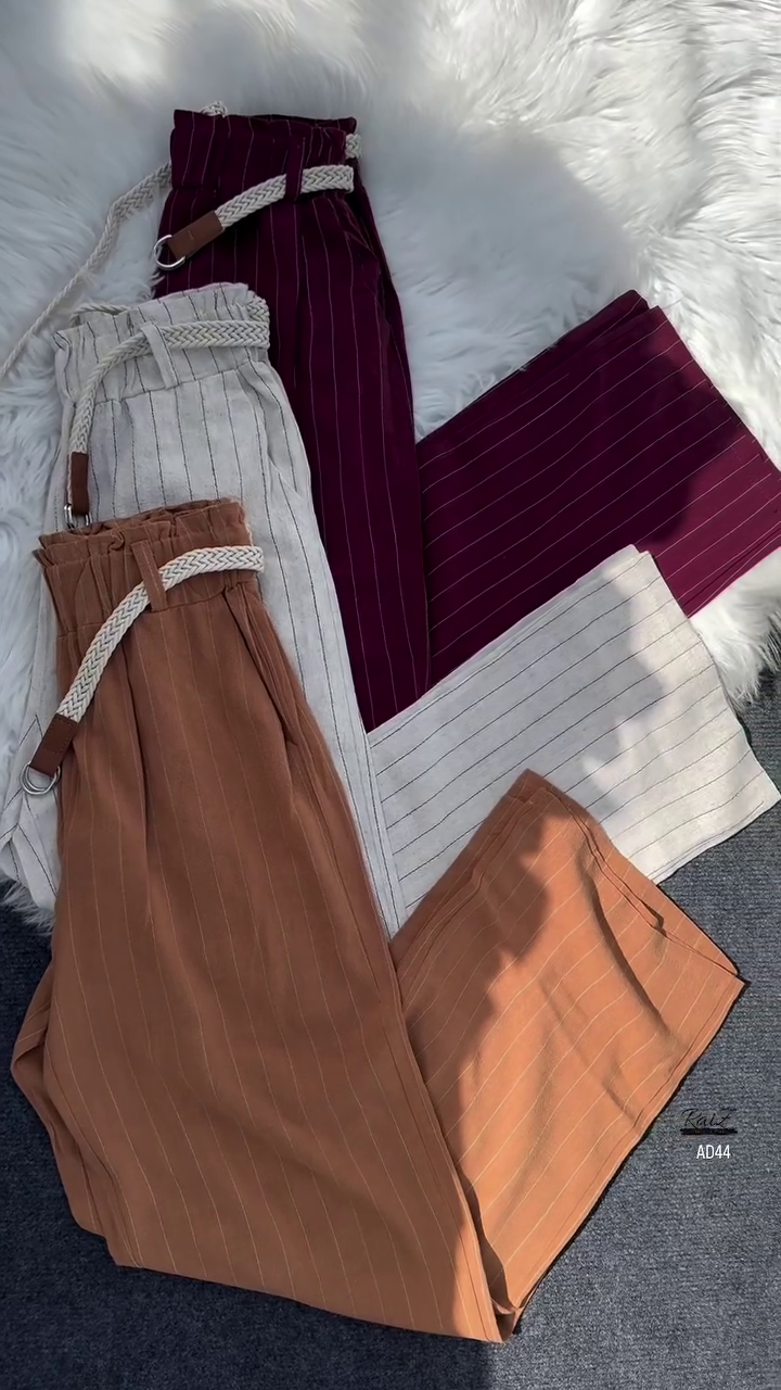 Women’s High-Waist Striped Pants with Braided Belt