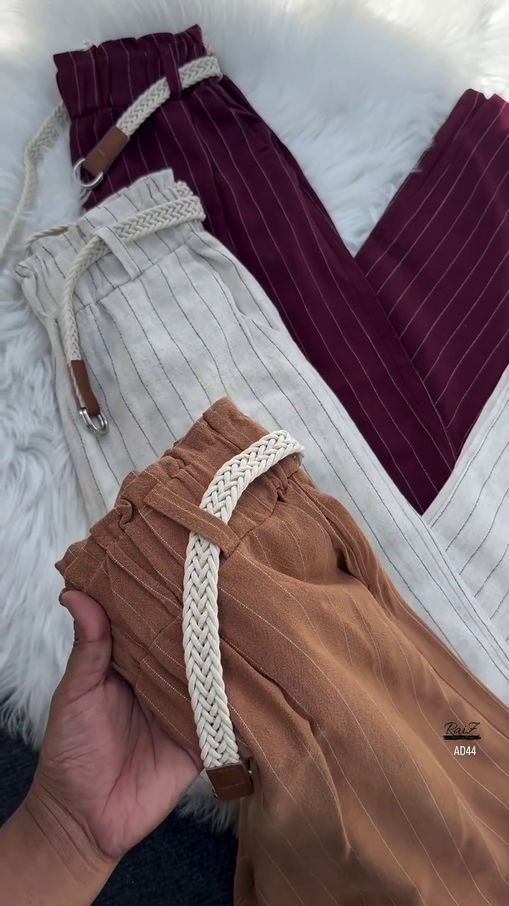 Women’s High-Waist Striped Pants with Braided Belt - Image 3