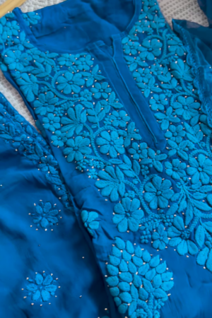 Royal Blue Hand-Embroidered Chikankari Suit – Exquisite Floral Elegance