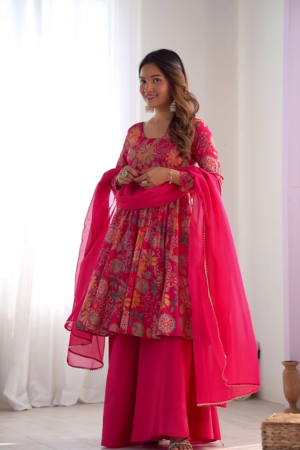 Vibrant Pink Floral Anarkali Suit – A Fusion of Elegance & Grace