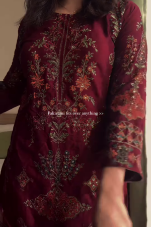 Luxurious Maroon Pakistani Embroidered Suit with Dupatta