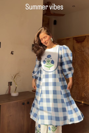 Summer Gingham: Puff-Sleeve Kurti & Floral Palazzo Set