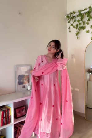 Rose Quartz: Organza Silk Suit with Tulip Motifs