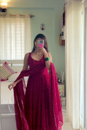 Wine Radiance: Bandhani Print Georgette Anarkali Gown