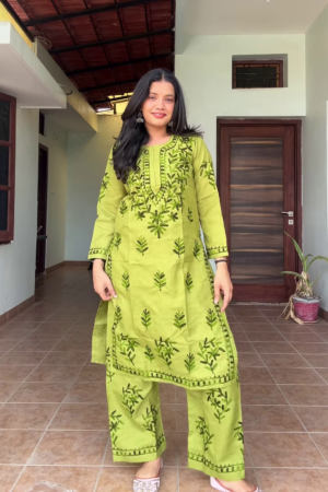 Olive Meadow: Hand-Embroidered Cotton Kurti & Pant Set