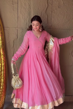 Rosewood Radiance: Angrakha Organza Anarkali Gown