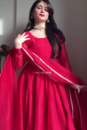 Crimson Blossom: Embroidered V-Neck Cotton Kurti Set