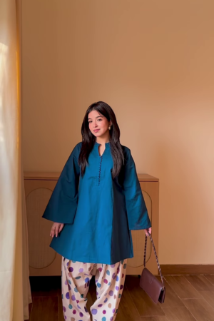 Peacock Elegance: A-Line Kurti with Polka-Dot Salwar Set