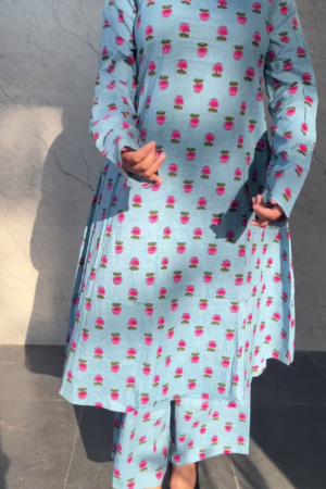 Dusty Azure: Lotus Print Cotton Kurti & Pant Set