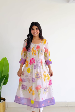 Meadow Serenade: Pleated Floral Cotton A-Line Suit Set