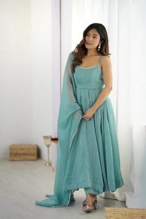 Seafoam Sparkle: Strappy Organza Festive Anarkali Set