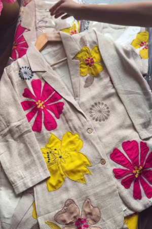 Meadow Bloom: Applique Linen Co-ord Blazer Set