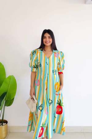 Resort Vibe: Striped Tropical Puff-Sleeve Midi Dress