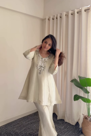 Ivory Luminescence: Mirror-Work Flared Tunic & Sharara Set