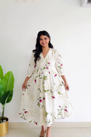 Vanilla Meadow: Wrap-Style Botanical Midi Dress