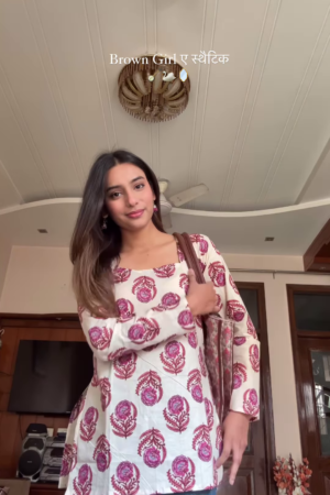 White Floral Block Print Cotton Kurti