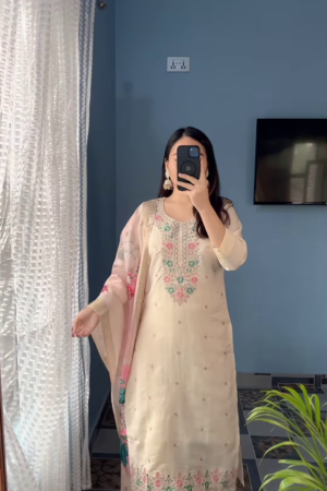 Ivory Blossom Embroidered Cotton Kurta Set