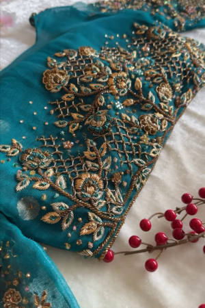Regal Teal Gold Hand-Embroidered Net Dupatta