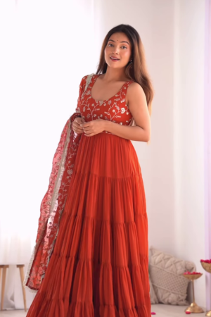 Rust Red Embroidered Tiered Anarkali Set