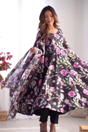 Black Floral Printed Anarkali Set