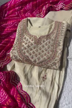 Elegant Cream Embroidered Suit with Bandhani Dupatta