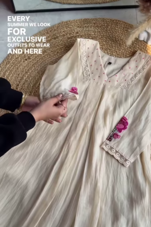 Elegant Ivory & Pink Floral Embroidered Flared Dress