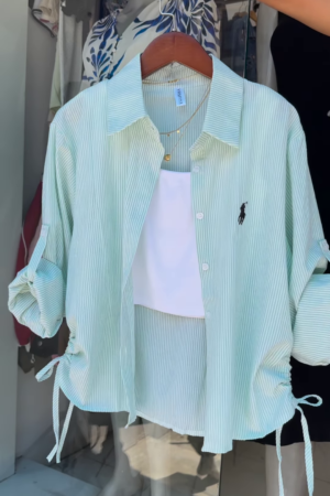 Mint Striped Drawstring Shirt with White Crop Tank  Breezy Layered Look