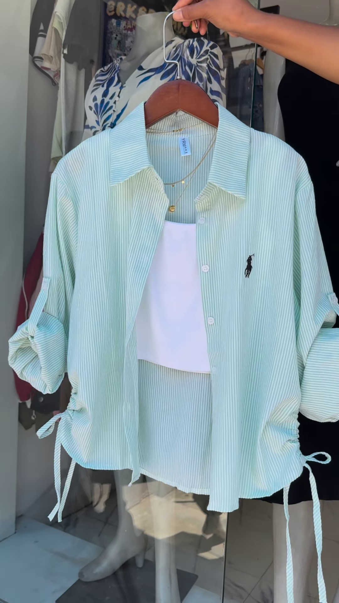 Mint Striped Drawstring Shirt with White Crop Tank Breezy Layered Look