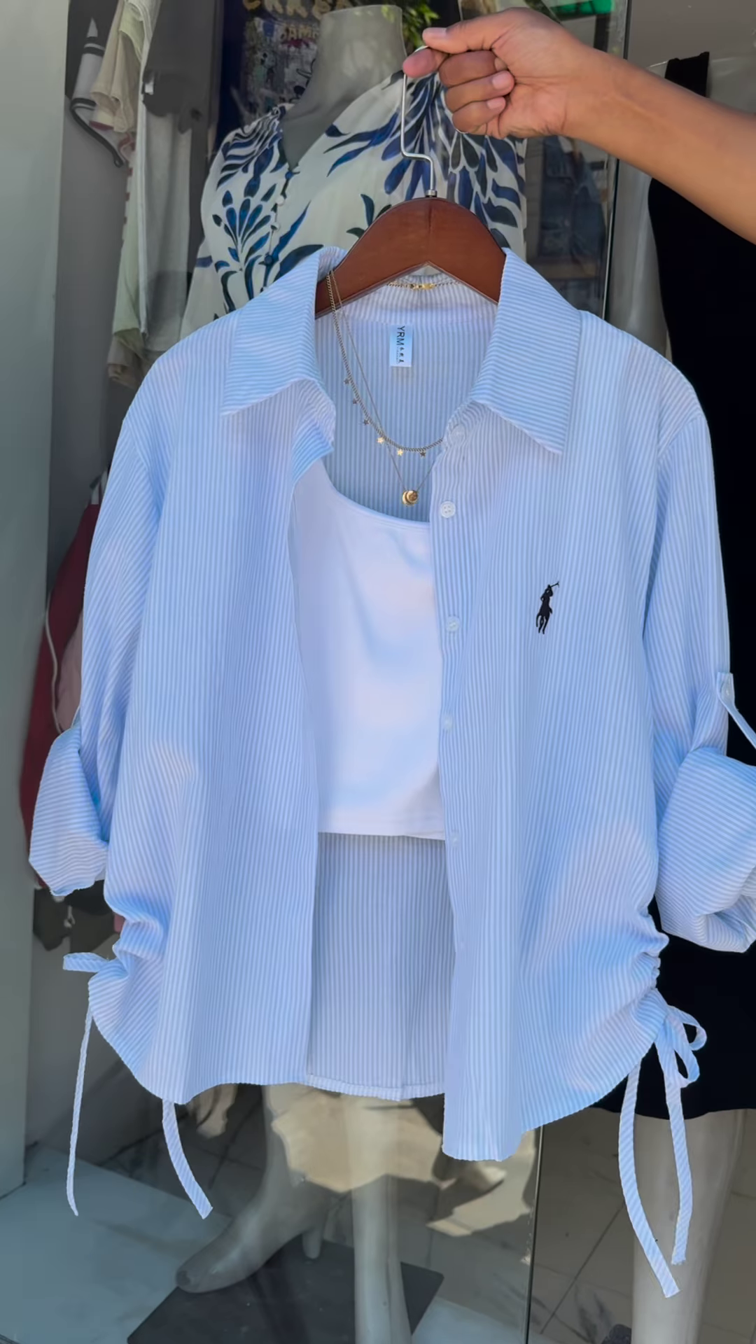 Mint Striped Drawstring Shirt with White Crop Tank Breezy Layered Look - Image 2
